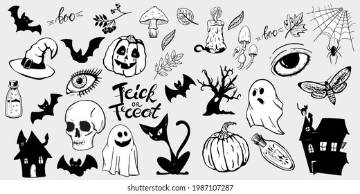 Halloween Symbols set. Vintage Boho Sketches in tattoo style of the Spooky Night of Halloween. Skull, Pumpkin, Bottles, and Other Elements of All Saints Night.