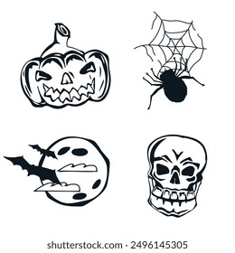Halloween symbols and stickers collection in black and white graphic, hand drawn vector illustration isolated on white background.