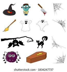 Halloween symbols. Vector collection of spooky icon set for party invitation. Creepy cartoon design element isolated on white. October vectors with zombie, ghost, spider, bat, cat, coffin, witch hat