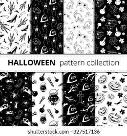 Halloween symbols vector seamless pattern set. Draw flat llustration icon collection isolated on a white and black background.