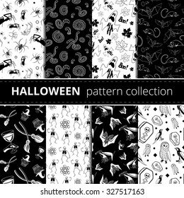 Halloween symbols vector seamless pattern set. Draw flat llustration icon collection isolated on a white and black background.