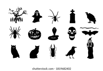 Halloween symbols vector silhouette illustration isolated. Pumpkin scary face laughing. Jack O Lantern. Spooky raven, snake, owl and vulture on graveyard. Scary night three ghost. Black cat and witch.