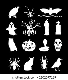 Halloween symbols vector silhouette illustration isolated. Pumpkin scary face laughing. Jack O Lantern. Spooky raven, snake, owl and vulture on graveyard. Scary night three ghost. Black cat and witch.