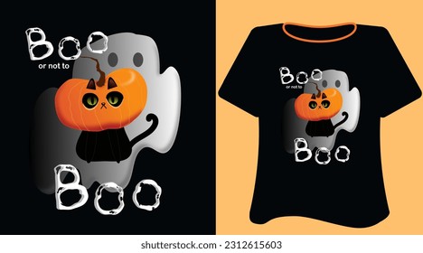 Halloween t shirt . Cat , Pumpkins, ghosts. Isolated print  with Halloween elements on black background . Funny  patches, pins in cartoon style. Flat vector design for kids 