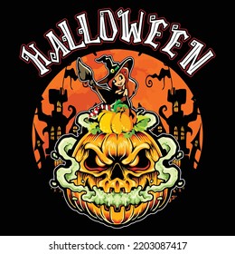 Camiseta de Halloween, camiseta de calabaza asustada de la ilustración, camiseta de calabaza humeante, plantilla de fondo de la vieja usanza retro de Halloween