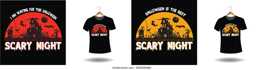Halloween t shirt ready design. Printable Halloween design for t shirt. Vector design of pumpkin, witch, grave, moon and scary night. 
Scary easy printable t shirt design for men. women and child.