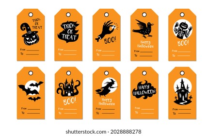 Halloween Tag Set. Vector Halloween Gift Tags In Orange And Black Colors Isolated On White. Design Template Label Collection With Holiday Illustrations In Hand Drawn Cartoon Silhouette Style.