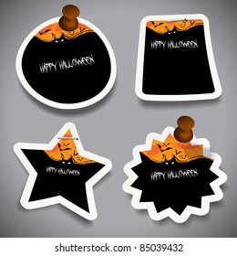 Halloween Tags, Labels or Speech Bubbles with Flying Bats Illustration, Pinned to a Grey Surface