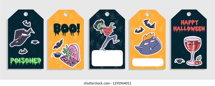 Halloween tags set with colorful cartoon doodles. Vector illustration