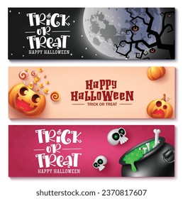 Halloween tags vector banner design. Trick or treat greeting and invitation card lay out collection for kids party dedication tag and sticker. Vector illustration horror, scary and creepy cards