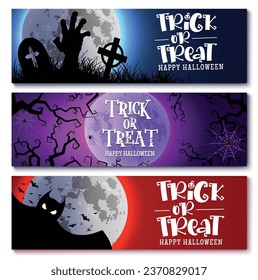 Diseño de conjunto de banner vectorial de etiquetas de Halloween. Etiqueta de regalo de regalo de truco o regalo de regalo de regalo y tarjetas de invitación de celebración de horror para fiestas de niños componen colección. Fondo de la temporada navideña de ilustración vectorial.
