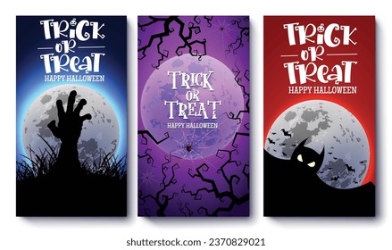 Halloween tags vector poster set design. Trick or treat greeting gift tag and kids party horror celebration invitation cards lay out collection. Vector illustration holiday season postcard.
