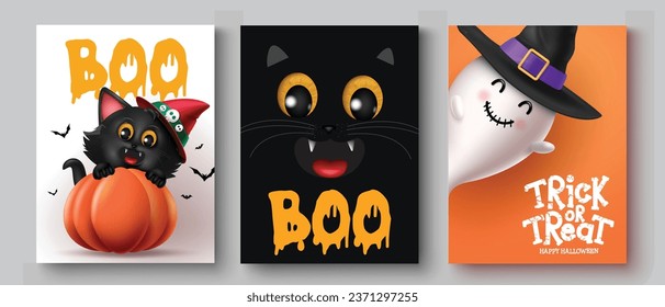 Diseño de afiches de conjuntos vectoriales de etiquetas de Halloween. Truco o vístete etiquetas de regalo de tarjetas de felicitación con un gato lindo y un fantasma amigable para los niños de fondo de dedicación de fiesta. Tarjeta de invitación de horror de ilustración de vector