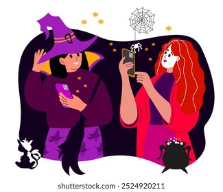 Fantasia de Halloween. Meninas Tirando Foto no Telefone em Fantasia de Halloween. Traje de bruxa. Máscara Branca Assustadora e Traje de Manto Sangrento. Ilustração vetorial