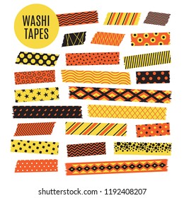 Halloween tape strips. Orange and black halloween patterns. Vector scrapbook elements strip ripped, ribbon sticker paper illustration