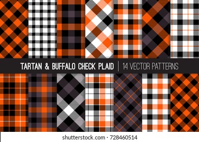 Halloween Tartan and Buffalo Check Plaid Vector Patterns. Orange, Black, Gray and White Flannel Shirt Fabric Textures. Fall Fashion. Thanksgiving Day Background. Pattern Tile Swatches Included.