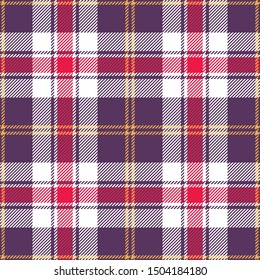 Halloween tartan plaid pattern. Seamless bright multicolored check plaid in purple, red, yellow, and white for flannel shirt, bag, blanket, or other modern textile design.