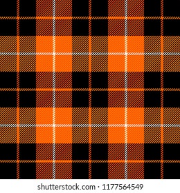 Halloween Tartan plaid. Scottish pattern in orange, black, gray and white cage. Scottish cage. Traditional Scottish checkered background. Vector illustration