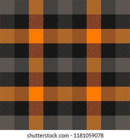 Halloween Tartan plaid. Scottish pattern in orange, black, gray and white cage. Scottish cage. Traditional Scottish checkered background. Seamless fabric texture. Vector illustration