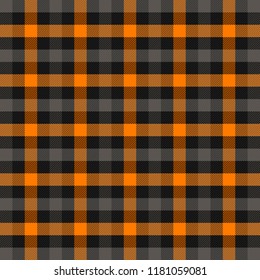 Halloween Tartan plaid. Scottish pattern in orange, black, gray and white cage. Scottish cage. Traditional Scottish checkered background. Seamless fabric texture. Vector illustration