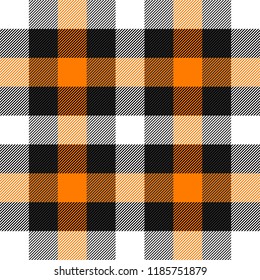 Halloween Tartan plaid. Scottish pattern in orange, black, white and gray cage. Scottish cage. Traditional Scottish checkered background. Seamless fabric texture. Vector illustration