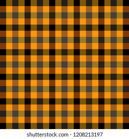 Halloween Tartan plaid. Scottish pattern in orange, black, grey and yellow cage. Scottish cage. Traditional Scottish checkered background. Seamless fabric texture. Vector illustration