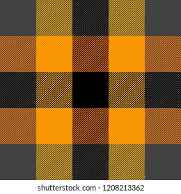 Halloween Tartan plaid. Scottish pattern in orange, black, grey and yellow cage. Scottish cage. Traditional Scottish checkered background. Seamless fabric texture. Vector illustration