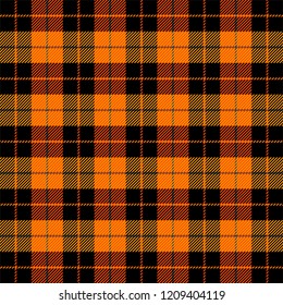 Halloween Tartan plaid. Scottish pattern in orange, black, grey and yellow cage. Scottish cage. Traditional Scottish checkered background. Seamless fabric texture. Vector illustration