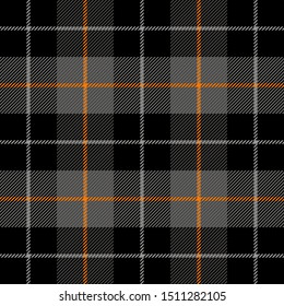 Halloween Tartan plaid. Scottish pattern in black, orange and gray cage. Scottish cage. Traditional Scottish checkered background. Seamless fabric texture. Vector illustration