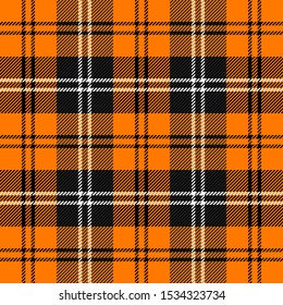 Halloween Tartan plaid. Scottish pattern in black, gray and orange  cage. Scottish cage. Traditional Scottish checkered background. Seamless fabric texture. Vector illustration