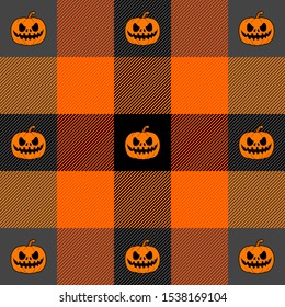 Halloween Tartan plaid. Scottish pattern in black and orange cage, and pumpkins. Scottish cage. Traditional Scottish checkered background. Seamless fabric texture. Vector illustration