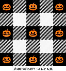 Halloween Tartan plaid. Scottish pattern in black and white cage, and pumpkins. Scottish cage. Traditional Scottish checkered background. Seamless fabric texture. Vector illustration