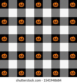 Halloween Tartan plaid. Scottish pattern in black and white cage, and pumpkins. Scottish cage. Traditional Scottish checkered background. Fabric texture. Vector illustration