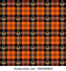 Halloween Tartan plaid. Scottish pattern in black and orange cage. Scottish cage and pumpkins. Traditional Scottish checkered background. Seamless fabric texture. Vector illustration