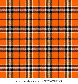 Halloween Tartan plaid. Scottish pattern in black, orange and white cage. Scottish cage. Traditional Scottish checkered background. Seamless fabric texture. Vector illustration