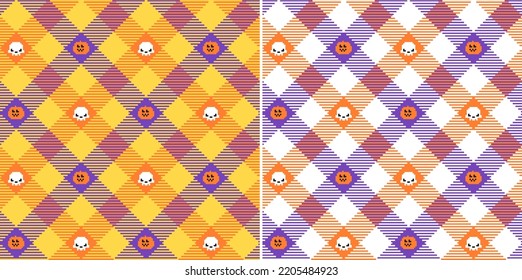 Halloween tartan plaid scottish seamless pattern in two different colors. Сheckered vector background with pumpkins and skulls. 