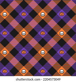 Halloween tartan plaid seamless pattern with pumpkins, skulls and bones in pixel art design. Vector checkered background for wrapping, textile print, poster or invitation.