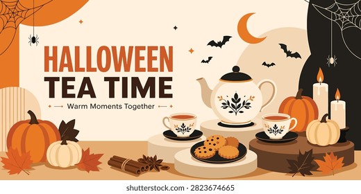 Halloween tea time illustration with pumpkins, teapot, tea cups, cookies, candles, and spooky elements for autumn holiday celebration