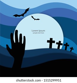 Halloween template background graphic design with bats and cross on graveyard.