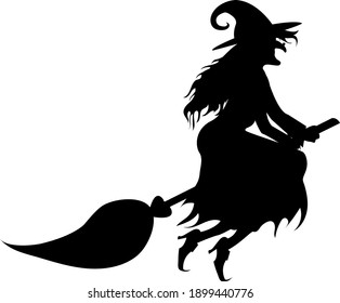 Halloween template. Black silhouette of a witch woman on a broomstick