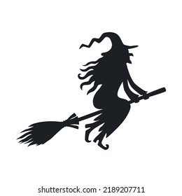 Halloween template. Black silhouette of a witch woman on a broomstick