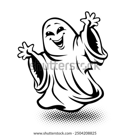 Halloween template of dancing merrily apparition. Funny ghost for halloween decoration. Vector on transparent background