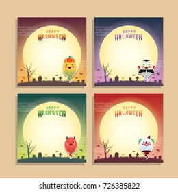 Halloween template design or copy space. Halloween cartoon character of jack o lantern, vampire, devil and scary clown in flat design. Cute ghost design element.