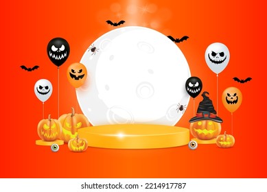 Halloween template design for social media with blank product podium scene. Halloween pumpkins and ghost balloons with moon on orange background. 3D vector. 