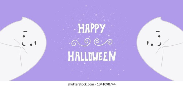 Halloween template design with vector ghost character. Two funny  white ghosts.