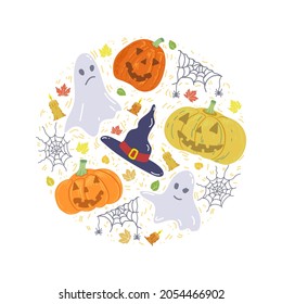 Halloween. Template with elements, pumpkins, candle, hat, ghost, spider and cobweb isolated on dark background. For packaging, greeting card, banner. Hand Drawn vector illustration.