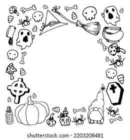 a Halloween template with an empty round space for text. Square frame with black outline of pumpkins, gnome, bats, bones and skulls, spider and cartoon ghosts isolated on white Doodle template hallowe