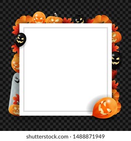 Halloween template in form of paper sheet with halloween decor. Square template with halloween balloons, pumpkin, ghost and autumn leafs