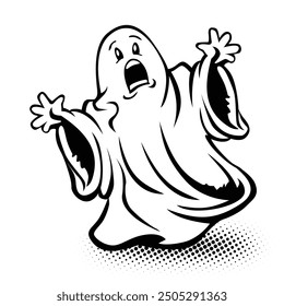 Halloween template of frightening apparition. Fun scary ghost for halloween decoration. Vector on transparent background