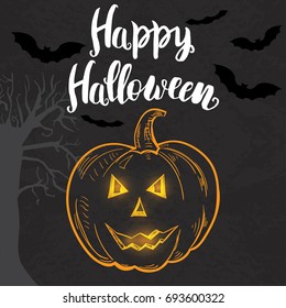 Halloween template with hand drawn pumpkin and lettering on the dark background